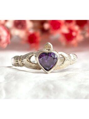 Amethyst Claddagh Heart & Crown Irish Sterling Silver 925 Vintage Ring - sz 8